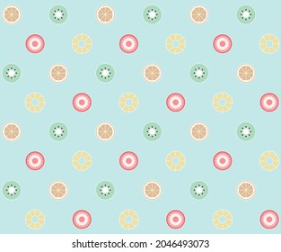 Seamless pattern of fruits. Light blue background.(strawberry, kiwi, orange, pineapple)