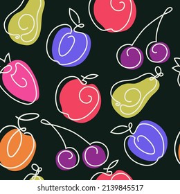 Seamless pattern fruits line and color. Apple, cherry, apricot, plum, pear, strawberry floral print. Used for textiles, printing, decoration.Vector illustration.