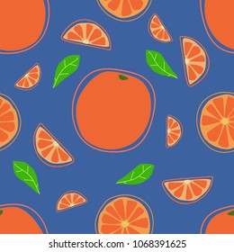 Seamless pattern from fruits and mandarin segments on a blue background
