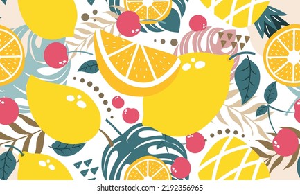 seamless pattern fruits, Mango, Cherry, Pineapple, Lemon and leaf on colour background. Vector illustration.