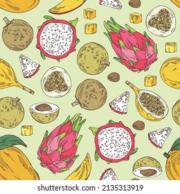 Seamless pattern with fruits: mango fruit, pitaya, dragon fruit, longan and granadilla. Vector hand drawn illustration.