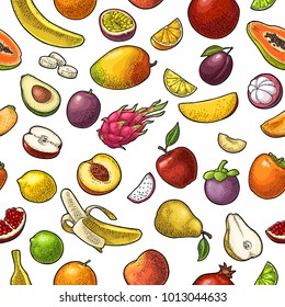 Seamless pattern fruits. Mango, lime, banana, maracuya, avocado, dragon, lemon, orange, garnet, peach, apple, pear, plum, passion, papay, persimmon, cherry. Vector color vintage engraving isolated