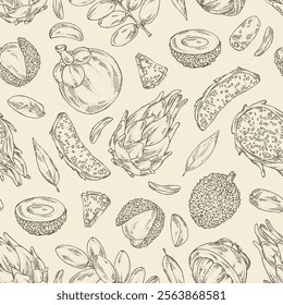 Seamless pattern with fruits: mangosteen, pitaya, dragon fruit, lichee, date fruit. Vector hand drawn illustration.