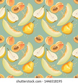 Seamless pattern with fruits. Melon, pear, apricot. Summer background with fruits. Vector illustration.