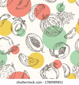 Seamless pattern with fruits: melon, watermelon, peach and apricot. Vector hand drawn illustration