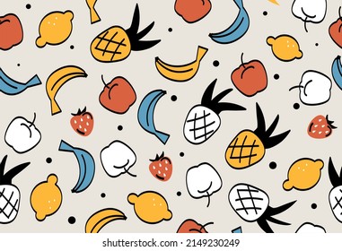 Patrón sin foco con frutos. Imagen de repetición minimalista para imprimir en papel envolvente. Alimentos naturales y orgánicos, vitaminas y nutrición vegetariana, dieta. Dibujo vectorial plano de dibujos animados