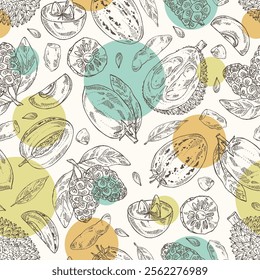 Seamless pattern with fruits: morinda, noni fruit, pepino, melon pear, durian, sapodilla. Vector hand drawn illustration.