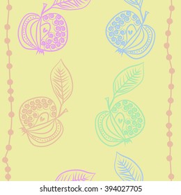 Seamless   pattern  of fruits motif, apples, doodles, hole, spirals, leaves, stripes . Hand drawn.