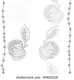 Seamless   pattern  of fruits motif, apples, doodles, hole, spirals, leaves, stripes . Hand drawn.