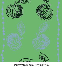 Seamless   pattern  of fruits motif, apples, doodles, hole, spirals, leaves, stripes . Hand drawn.