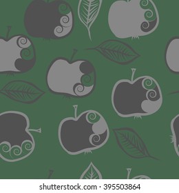 Seamless pattern of fruits motif, apples, leaves, spirals, hole, spots . Hand drawn.