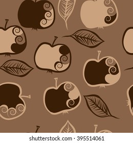Seamless pattern of fruits motif, apples, leaves, spirals, hole, spots . Hand drawn.