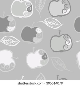Seamless pattern of fruits motif, apples, leaves, spirals, hole, spots . Hand drawn.