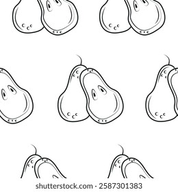 seamless pattern with fruits namely pears drawn in line art style on white background, for packaging or textile