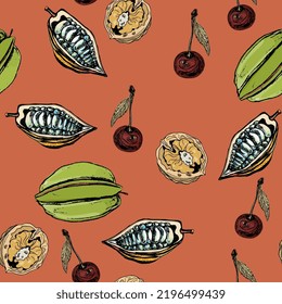 Seamless pattern with fruits and nuts. Exotic food. Carambola, cocoa pod, sweet cherry and walnut. Hand drawn colorful sketches. On orange background.