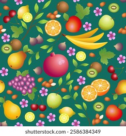 Seamless pattern with fruits, nuts, leaves and flowers on a green background. For background, fabric, wallpaper, cover, wrapping paper. 