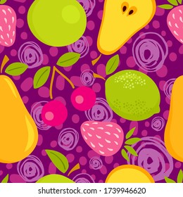 Seamless pattern with fruits on an abstract background. Vector illustration with pear, strawberry, cherry,apple, and lime.