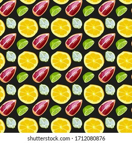 Seamless pattern with fruits on black background