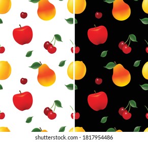 Seamless pattern of fruits on black and white background. Apple, pear, cherry, sweet cherry, lemon, green leaves. Can be used in web design, printing, as a pattern for clothing