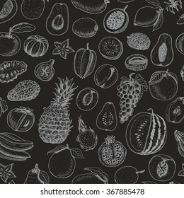 Seamless pattern with fruits on black background. Vector  illustration for your design