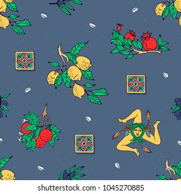 Seamless pattern with fruits on a branch, shells and elements of the island of Sicily