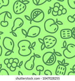 Seamless pattern with fruits on light green background. Eco design with thin line fruit icons for supermarket brochure, wrapping paper, fabric. Vector illustration
