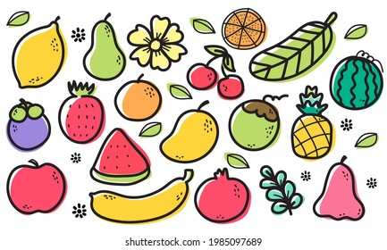 Seamless pattern  fruits, Orange, Banana, Pomegranate, Mangosteen, Strawberry, Pineapple, Watermelon, Lemon, Avocado, Coconut, Rose apple, Cherry, Apple, Flower and Leaf on white background.