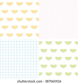 Seamless pattern with fruits. orange and green lime. Abstract seamless pattern background. Small grid of blue lines. Wave of pink lines. vector illustration.