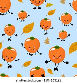 seamless pattern with fruits. orange ripe persimmon. fruit character. blue background. wrapping paper and textile design