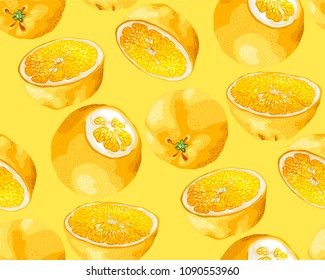 Seamless Pattern with fruits of orange tree in different shapes and halves on yellow background
