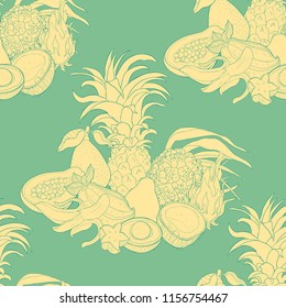 seamless pattern   fruits pandan banana avocado coconut papaya pineapple, Pitahaya, star carambola  vector illustration