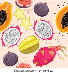 Seamless pattern with fruits. Papaya, dragon fruit, carambola, figs on a light background. Banner, wallpaper, print, modern textile design. Vector illustration.