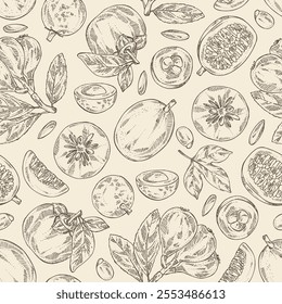 Seamless pattern with fruits: passion fruit, persimmon, medlar japanese and longan. Vector hand drawn illustration.