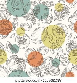 Seamless pattern with fruits: passion fruit, persimmon, medlar japanese and longan. Vector hand drawn illustration.