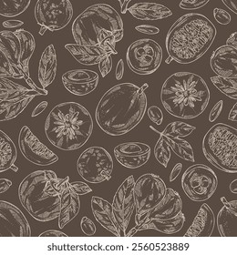 Seamless pattern with fruits: passion fruit, persimmon, medlar japanese and longan. Vector hand drawn illustration.