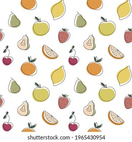 Seamless pattern with fruits. Peach, pear, apple, cherry, strawberry, orange, lemon in doodle style. Trendy minimalist print. 
