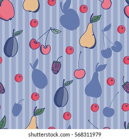 Seamless pattern with fruits: pear, cherry, raspberry, plum, apple, berries. Hand drawn.