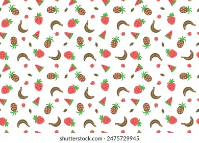 seamless pattern with fruits: pineapple, watermelon, banana, apple, pear, strawberry. print for wrapping paper. Hand drawn vector illustration. Fruits seamless background
