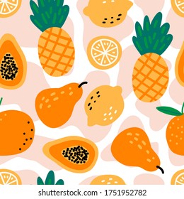 Seamless pattern with fruits: pineapples, lemons, papaya, pear, orange on white background. Cute vector background. Bright summer illustration for fabric and decor.