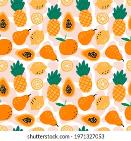 Seamless pattern with fruits pineapples, lemons, papaya, pear, orange on white background. Cute vector background. Bright summer illustration for fabric and decor.