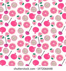 Seamless pattern with fruits pitaya, cherry, strawberries, grapefruit, pomegranate on white background. Cute pink vector. Bright summer illustration for fabric and decor.