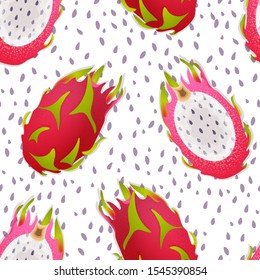 Seamless pattern with fruits Pitaya. Dragon fruit.  Exotic fruit. Low-Calorie Foods. Healthy food. Vector illustration.