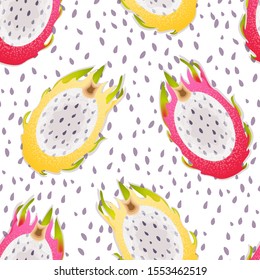 Seamless pattern with fruits Pitaya. Dragon fruit.  Exotic fruit. Low-Calorie Foods. Healthy Eating. Vector illustration.