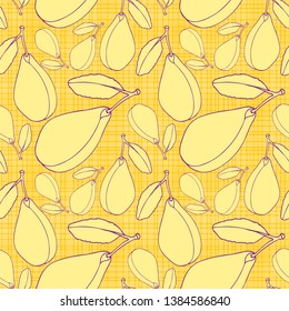 Seamless pattern with fruits and plum leaves of different sizes. Textured surface of the Ornamental plum. For decor and design of fabric, paper, packaging, Wallpaper.Bright yellow color.