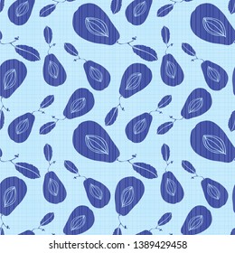 Seamless pattern with fruits and plum leaves of different sizes. Textured surface of the Ornamental plum. For decor and design of fabric, paper, packaging, Wallpaper