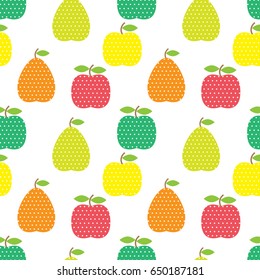 Seamless pattern with fruits in polka dots. apple and pear in dots on white background isolated.