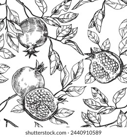 seamless pattern of fruits and pomegranate leaves, vector pattern in sketch style. hand drawing, engraving