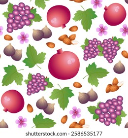 Seamless pattern with fruits - pomegranates, grapes, figs and almonds, flowers, grape leaves on a white background. For fabric, wallpaper, cover, wrapping paper.
