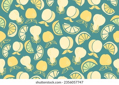  Seamless pattern with fruits. Repeating colorful pattern with apples, pears, peaches, lemons and limes.