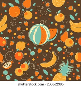Seamless pattern with fruits in retro doodle style